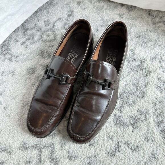Salvatore Ferragamo Brown Patent Leather Black Gancini Bit Slip On Loafer 9 Shoe main image 3